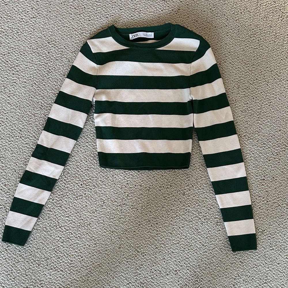 Zara Forest Green and Cream Striped Top